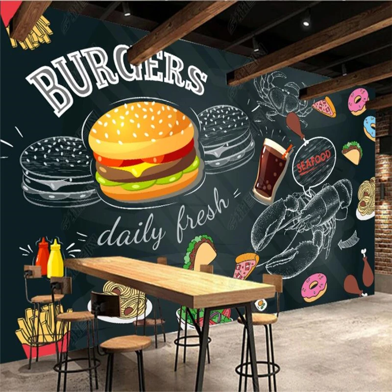 Food Snacks Background - 칠판 손으로 그린 ​​버거 감자 튀김