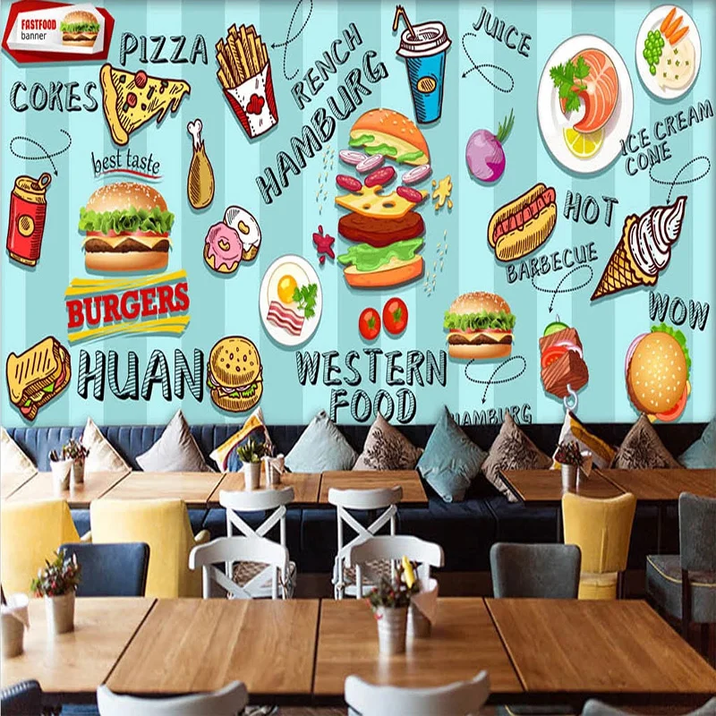 사용자 정의 3D 벽지 손으로 그린 ​​함부르크 패스트 - Food Snacks Background 리뷰 및 가격