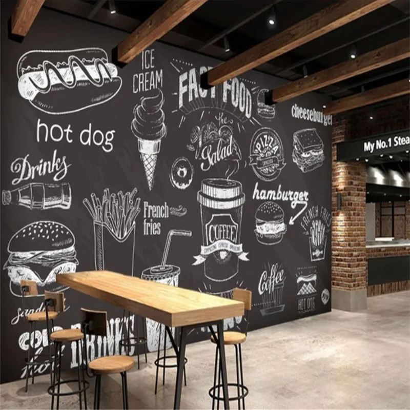 사용자 정의 손으로 그린 ​​칠판 패스트 푸드 벽 종이 - Food Snacks Background 리뷰 및 가격